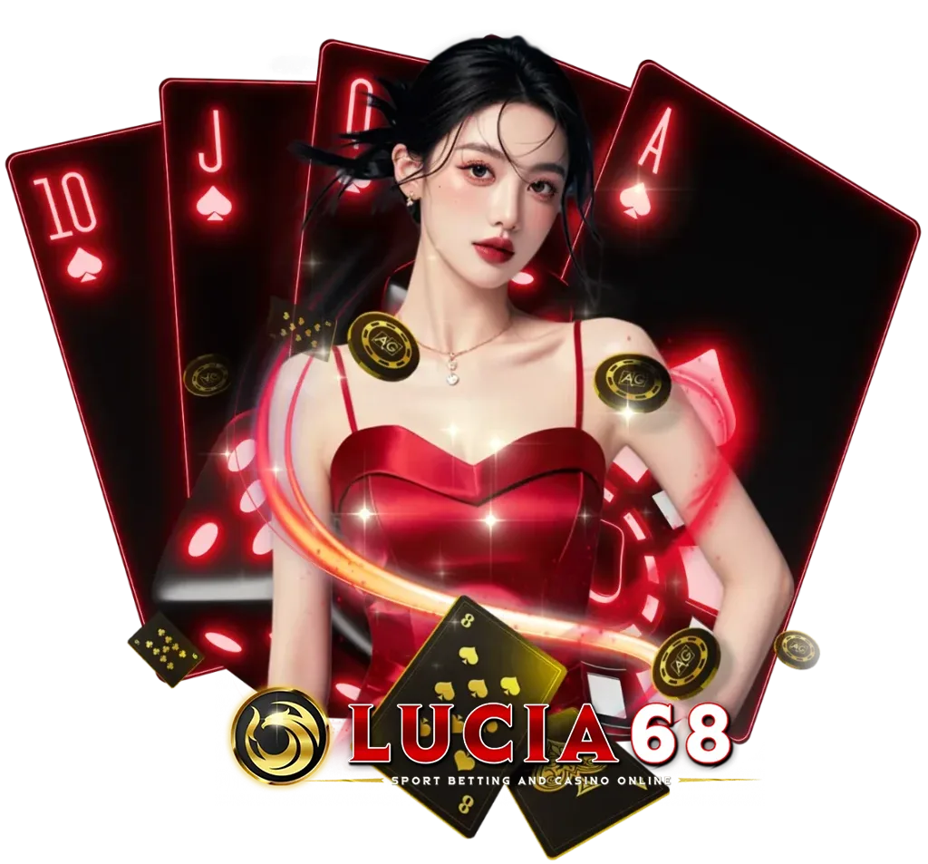 ภาพโปรโมทเว็บ LUCIA68 คาสิโนออนไลน์ธีมสีแดงหรู พร้อมตัวละครหญิงและไพ่บาคาร่า 10 J Q A สื่อถึงคาสิโนสด สล็อต และบาคาร่าออนไลน์ครบวงจร