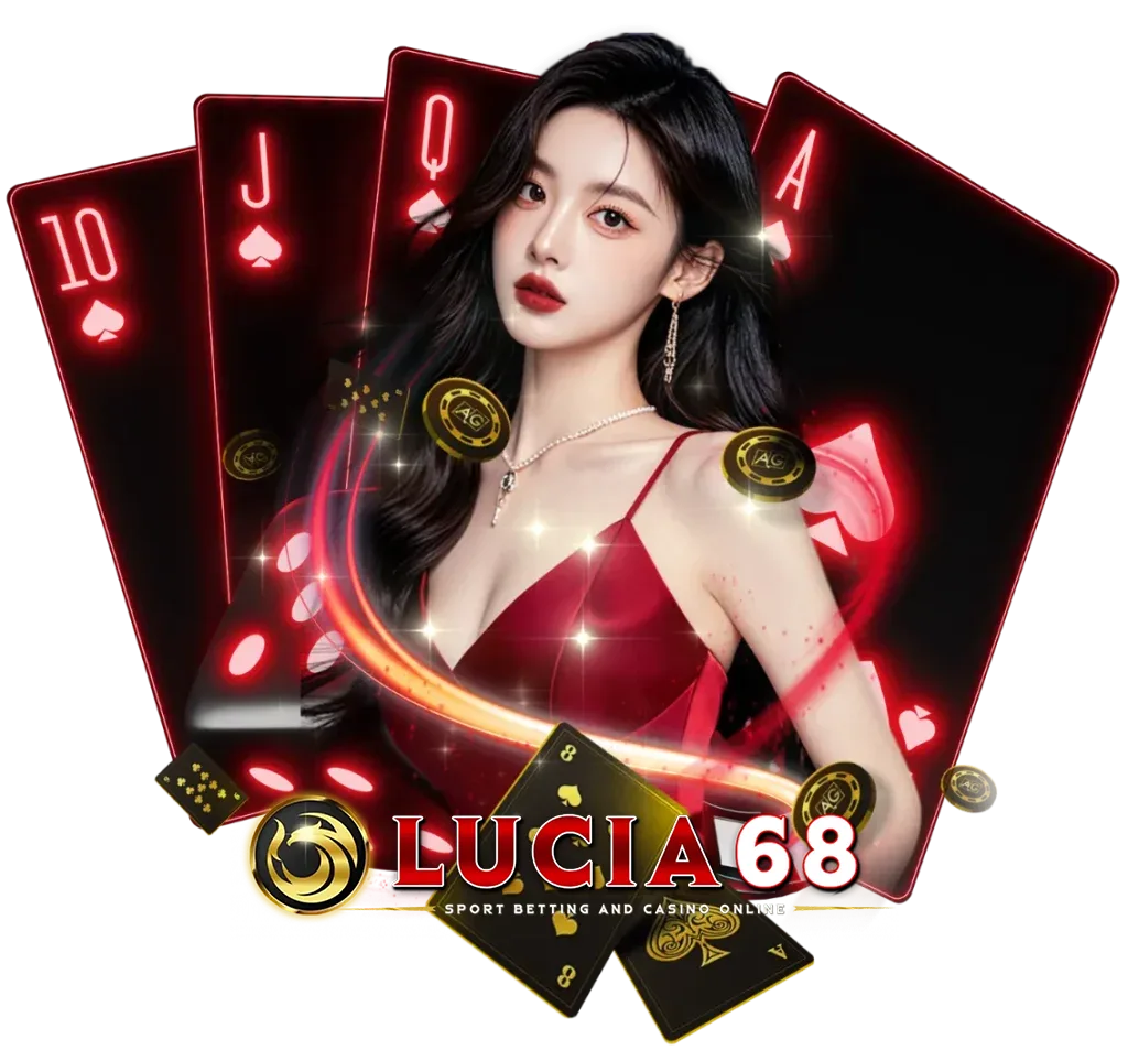 ภาพโปรโมท LUCIA68 คาสิโนออนไลน์ธีมแดงทอง พร้อมหญิงสาวและไพ่ 10 J Q A สื่อถึงบาคาร่า สล็อต และคาสิโนสดครบวงจร เว็บตรงเล่นง่ายจ่ายเร็ว