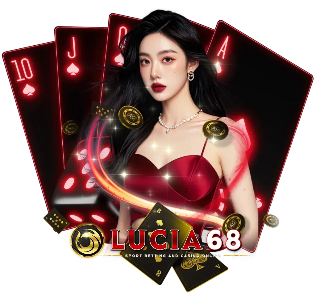ภาพโปรโมท LUCIA68 คาสิโนออนไลน์ธีมสีแดงทอง พร้อมหญิงสาวและไพ่ 10 J Q A สื่อถึงบาคาร่า สล็อต และคาสิโนสด เว็บตรงเล่นง่ายจ่ายเร็วครบวงจร